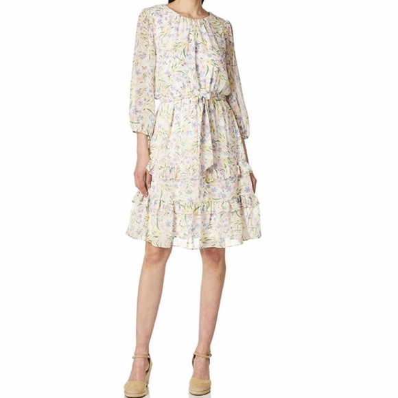NWT Calvin Klein Printed Ruffle Long Sleeve Tie Waist Mini Dress - Picture 1 of 6